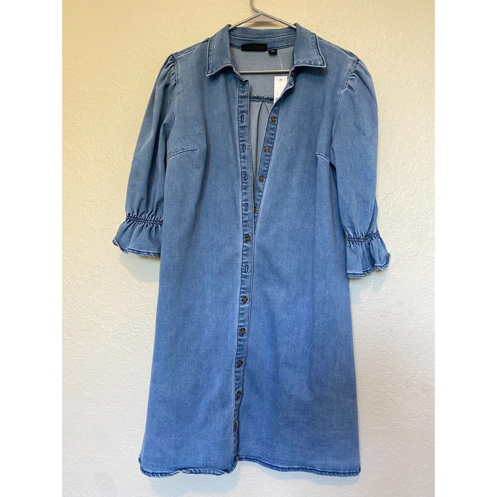 NWT New York & Company Cotton Blend Denim Button Up Short Sleeve Dress Women SzM